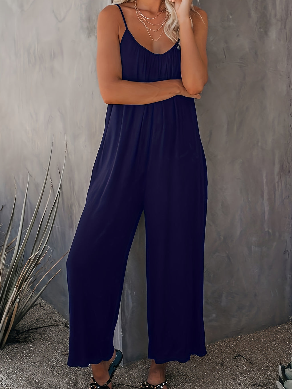 Women'S Light Blue Sleeveless Jumpsuit with Pockets - Casual Polyester Knit Fabric, V-Neck, Summer 2023, Beach Coverup, Beach Coverup Jumpsuit | Casual Style Jumpsuit | Knit Construction