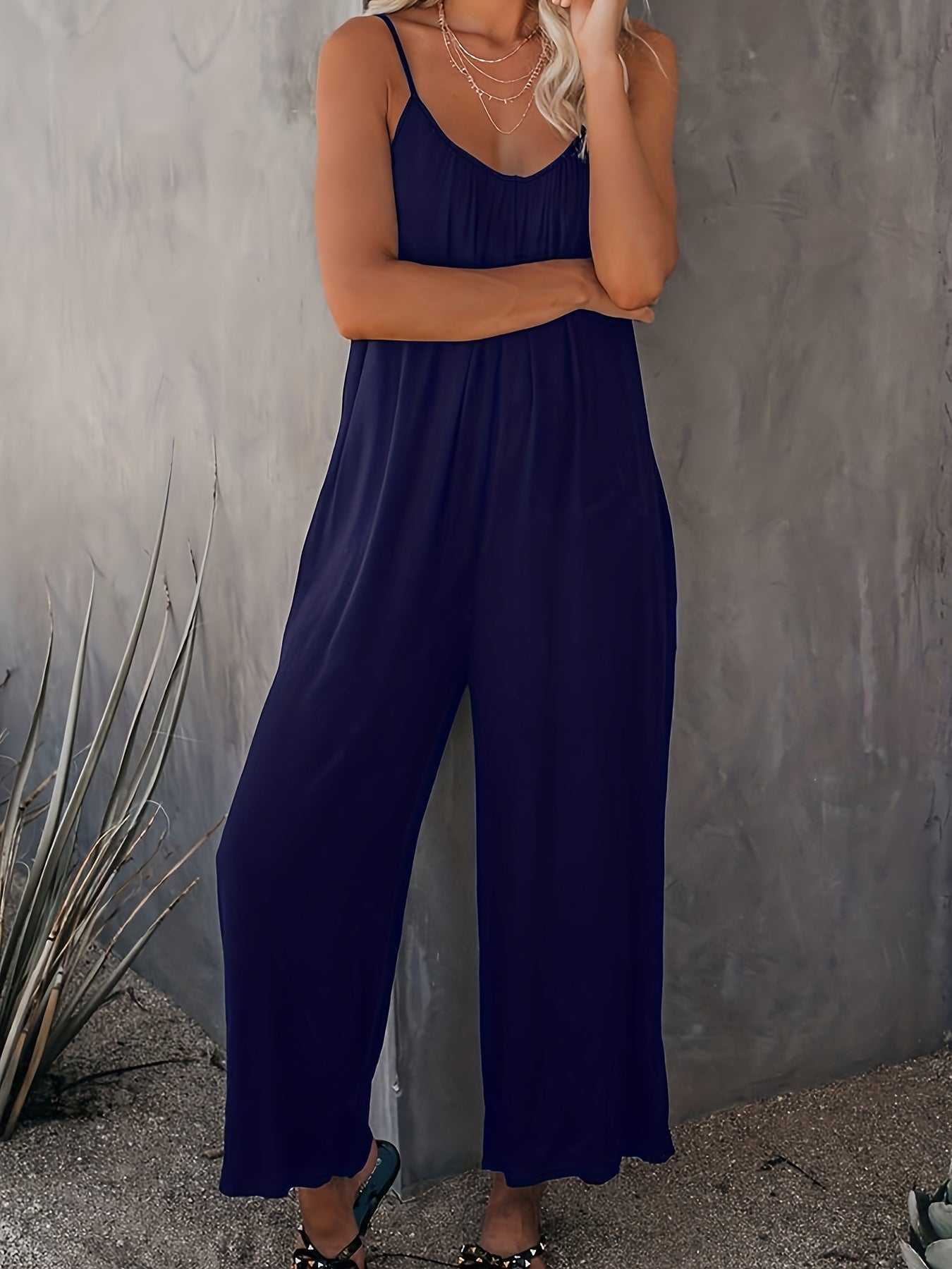 Women'S Light Blue Sleeveless Jumpsuit with Pockets - Casual Polyester Knit Fabric, V-Neck, Summer 2023, Beach Coverup, Beach Coverup Jumpsuit | Casual Style Jumpsuit | Knit Construction