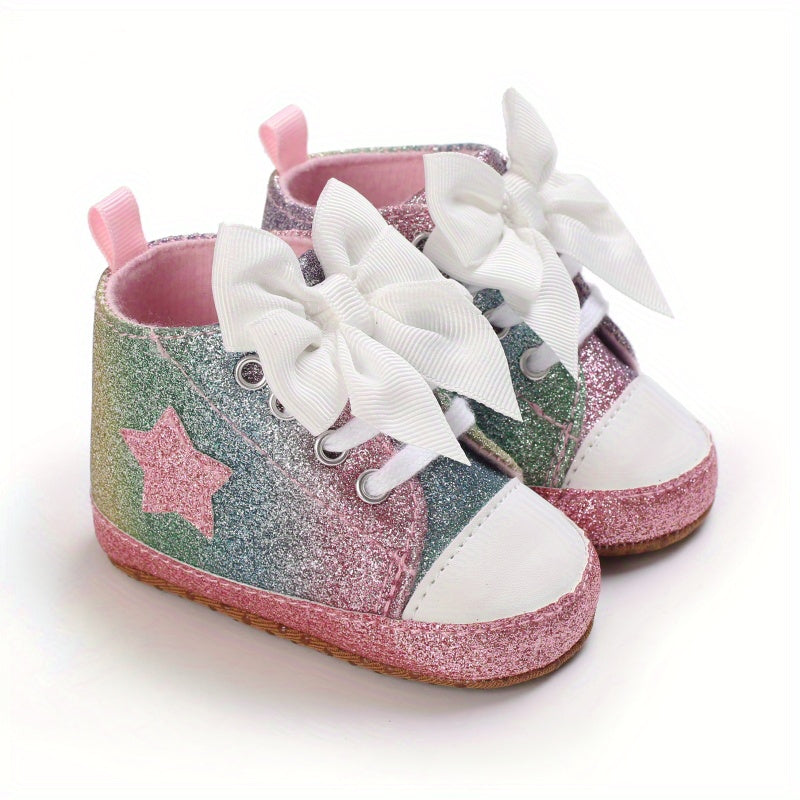Infant Baby Gils Canvas Shoes, Soft-soled Non-slip High Top First Walker Shoes With Bow Decor