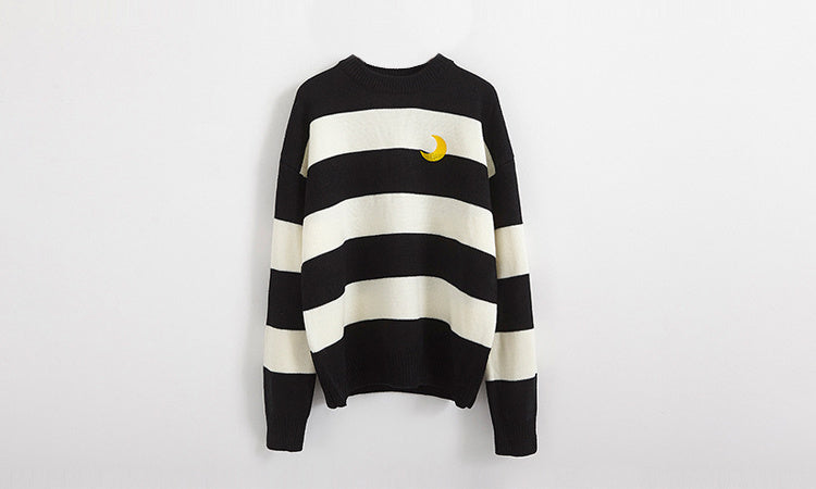 Kawaii Round Neck Striped Pullover Sweater, Casual Every Day Top For Winter & Fall, Women's Clothing