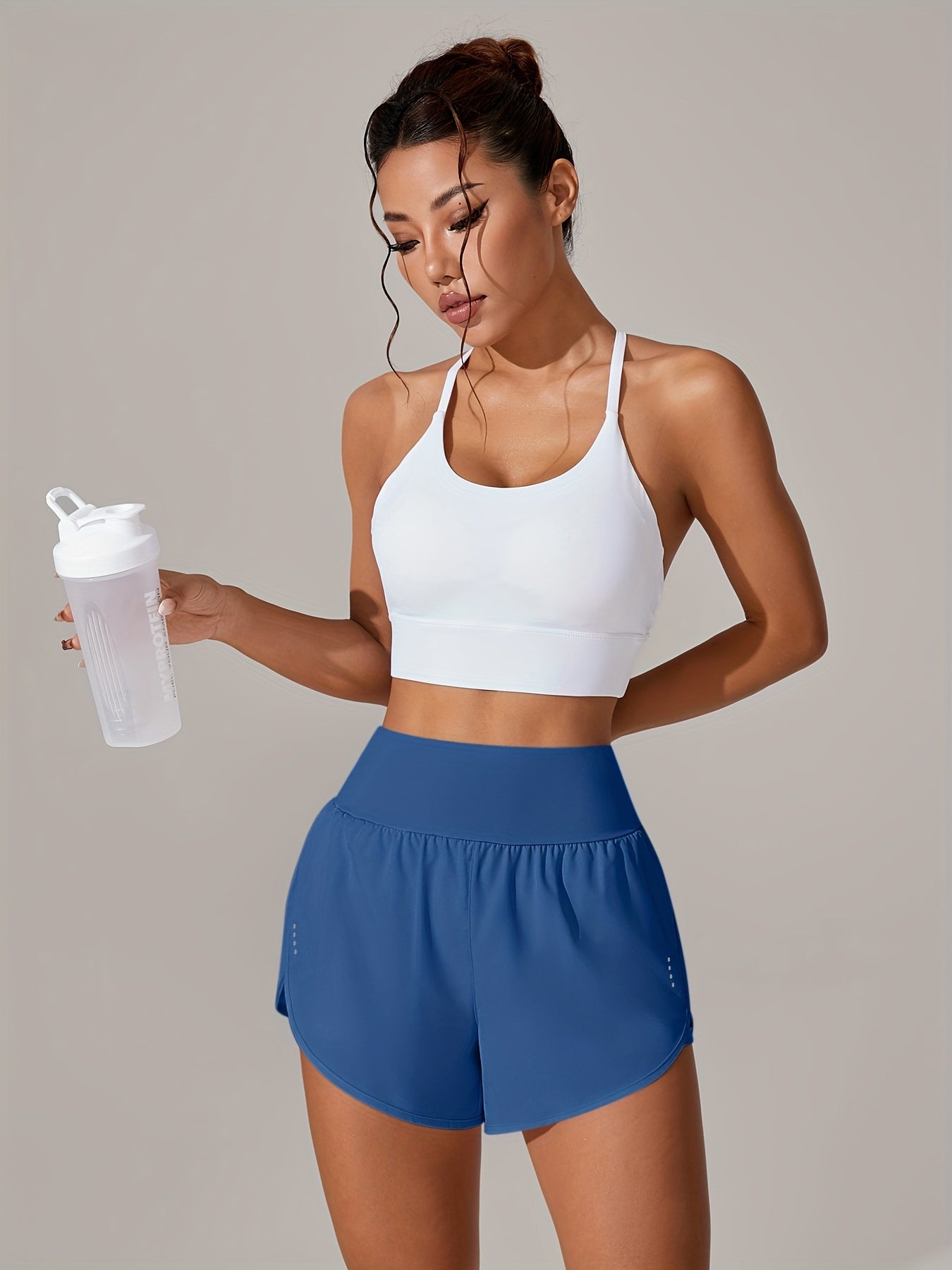 [Yoga Activewear] Women's Light Blue Yoga Shorts - Casual & Loose-Fit, High-Waisted with Ruffle Detail, Stretchy Polyester-Elastane Blend, Machine Washable, Perfect for Spring/Summer/Fall