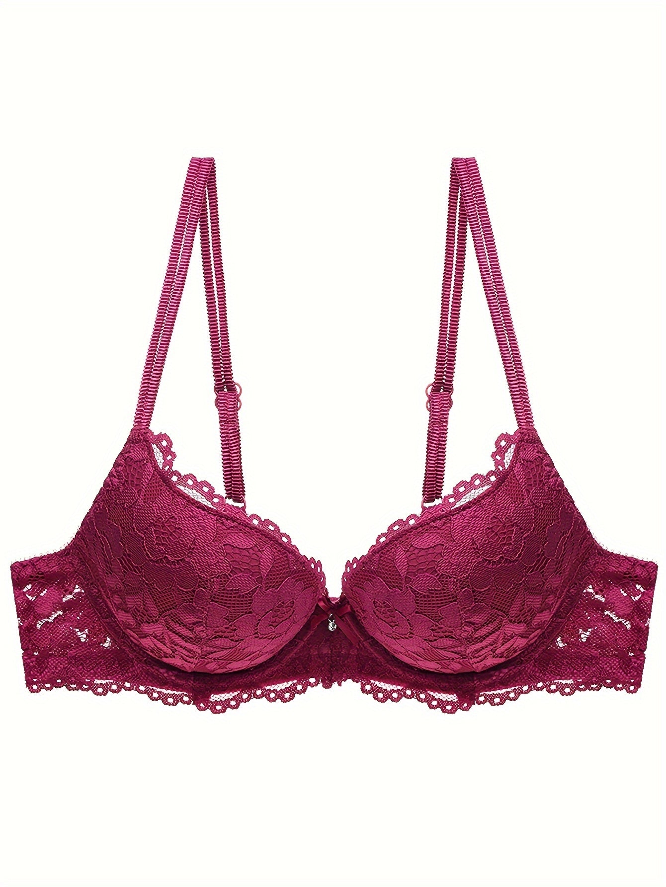 Lace Mesh Hollow Everyday Bra, Comfort & Mature Double Strap Thick Cup Push Up Intimates Bra, Women's Lingerie & Underwear
