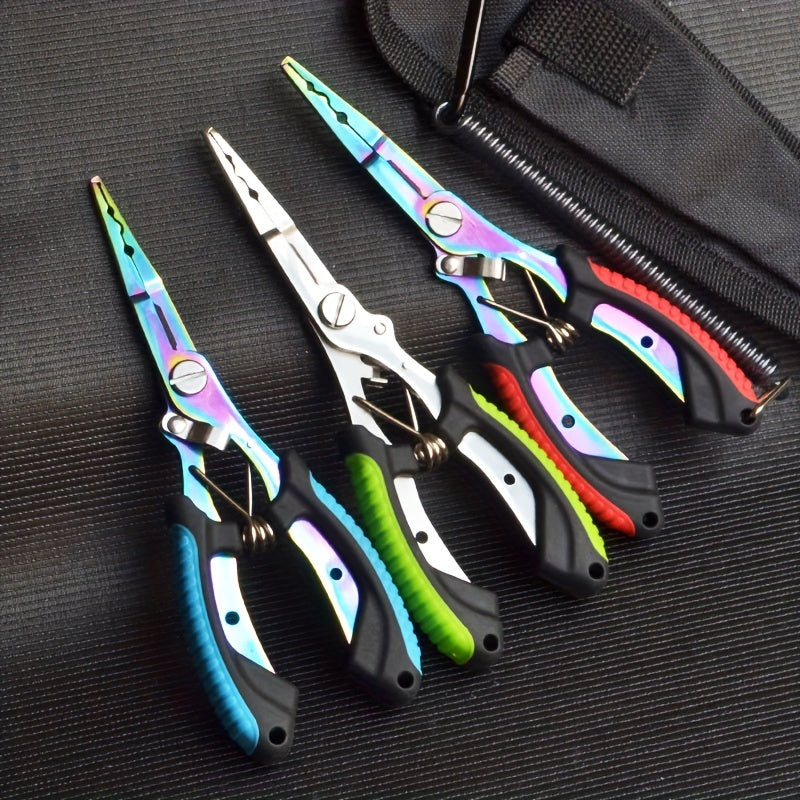 [Stainless Steel Fishing Pliers] Multi-Function Stainless Steel Fishing Pliers - Hooked Bent Nose - Color Titanium Open Ring Line Cutter - Lead Pressing Anti-Slip Handle