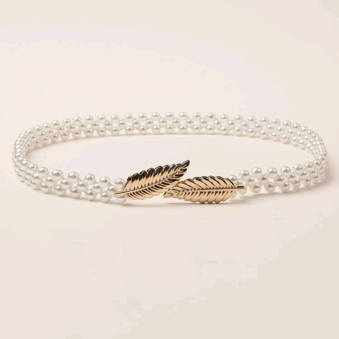 Faux Pearl Belt Women's Metal Leaf Elastic Pearl Waist Chain Women's Decoration For Dress Elastic Belt