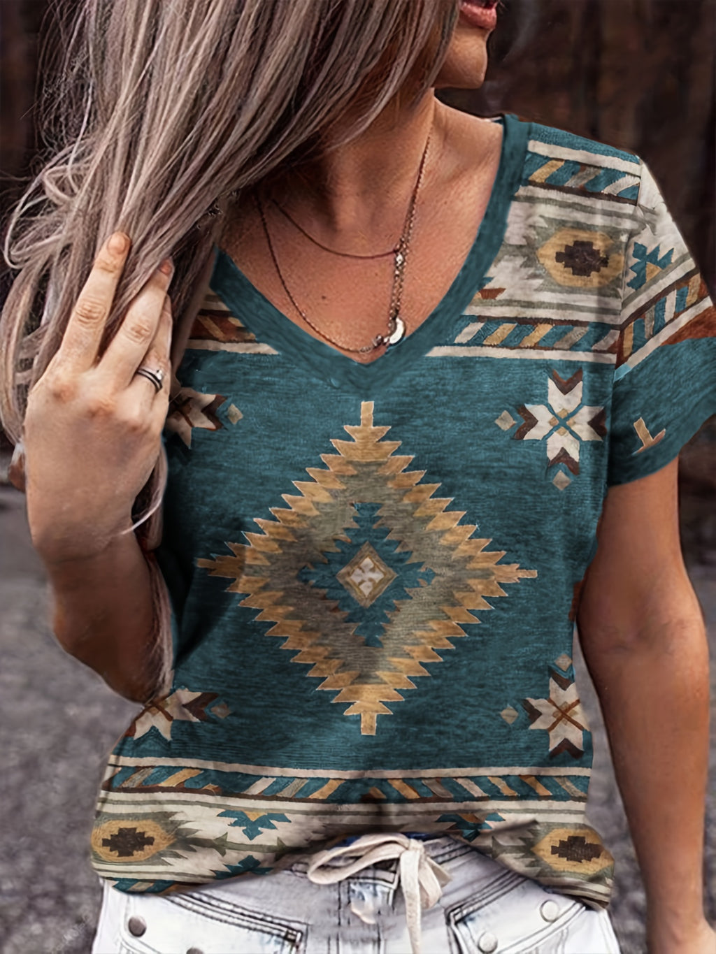 Western Geo Print V Neck T-Shirt, Casual Short Sleeve T-Shirt For Spring & Summer, Women's Clothing