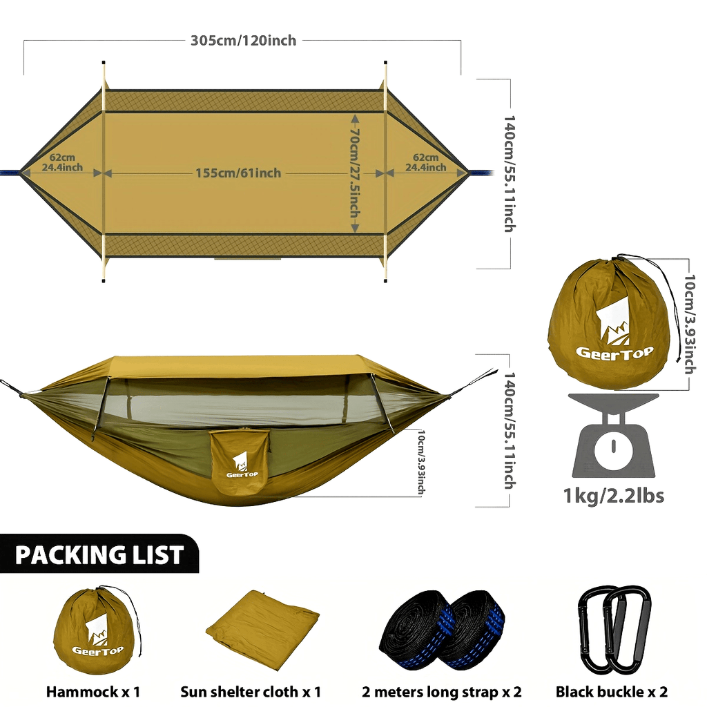 GEERTOP 3in 1 Outdoor Hammock with Mosquito Net Sun Shelter Rainfly, Double Sleep Rest Camping Hammock for Backpacking Travel Garden Park