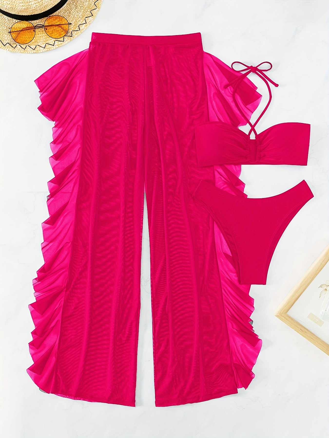 Pure Black Sexy Half-Transparent Fashion Gathered Cross-Band Mesh Panty Three-piece Bikini Swimsuit Women's Clothing