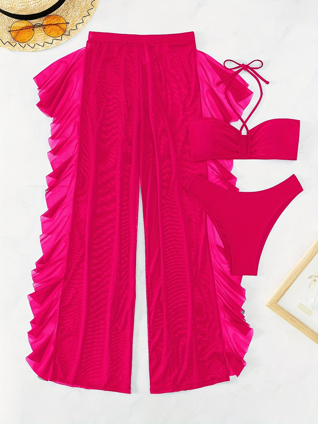 Pure Black Sexy Half-Transparent Fashion Gathered Cross-Band Mesh Panty Three-piece Bikini Swimsuit Women's Clothing