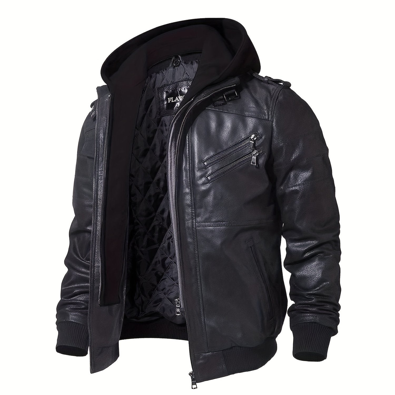 Men's Brown Leather Motorcycle Jacket with Removable Hood - FLAVOR