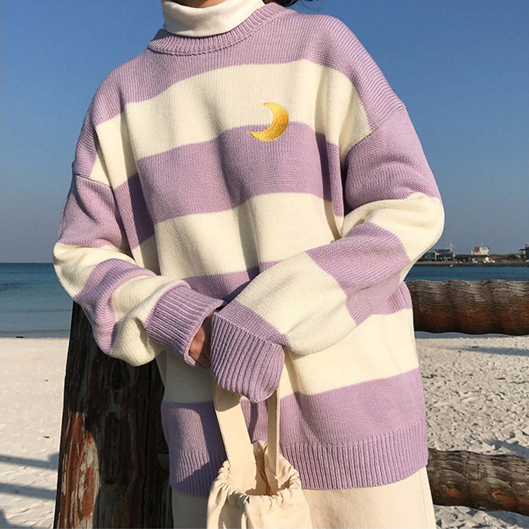 Kawaii Round Neck Striped Pullover Sweater, Casual Every Day Top For Winter & Fall, Women's Clothing