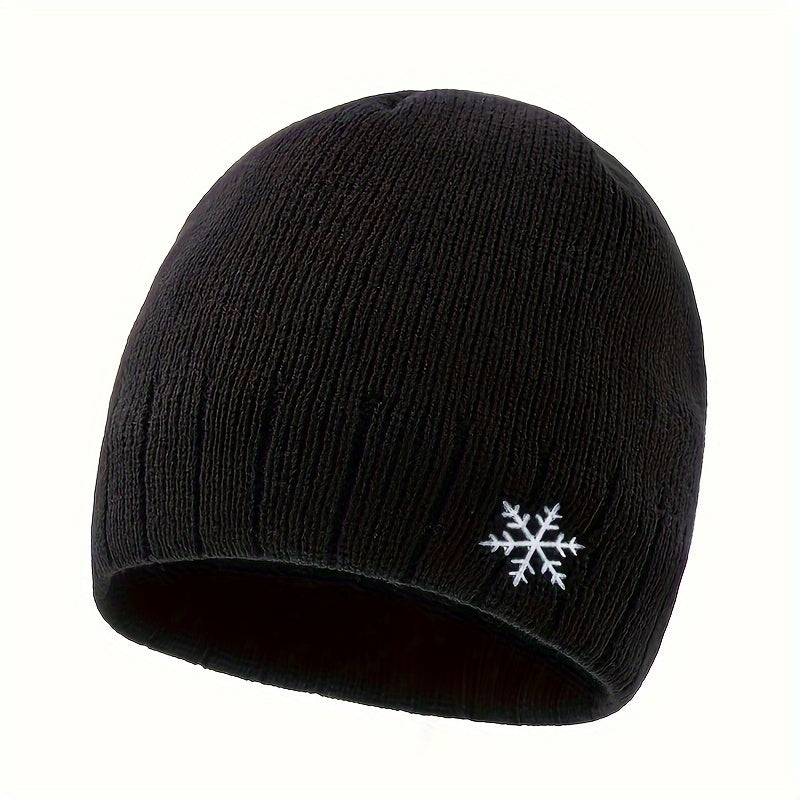 Snowflake Logo Striped Knitted Beanie, Double-Layer Fleece-Lined Thick Warm Comfortable Brimless Hat for Autumn and Winter Outdoor Casual Sports Mountaineering Skiing Running Cycling Windproof Ear Protection Street Hip-Hop Sn