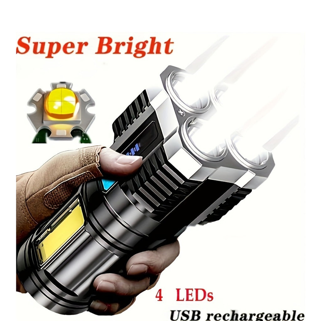 1pc LED Flashlight, Powerful 4 LED Flashlight With COB Side Light, 4 Modes USB Rechargeable LED Torch, Waterproof Built In Battery Flashlight, Camping Tool