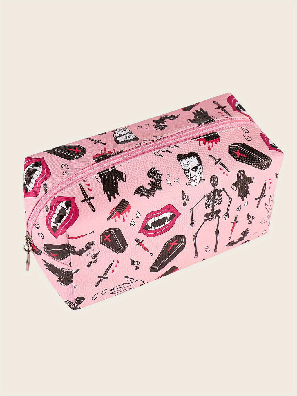 Halloween Skeleton Bat Pattern Makeup Bag Pink Roomy Square Zipper Pouch Travel Toiletries Organizer Gift For  ladies Women Men