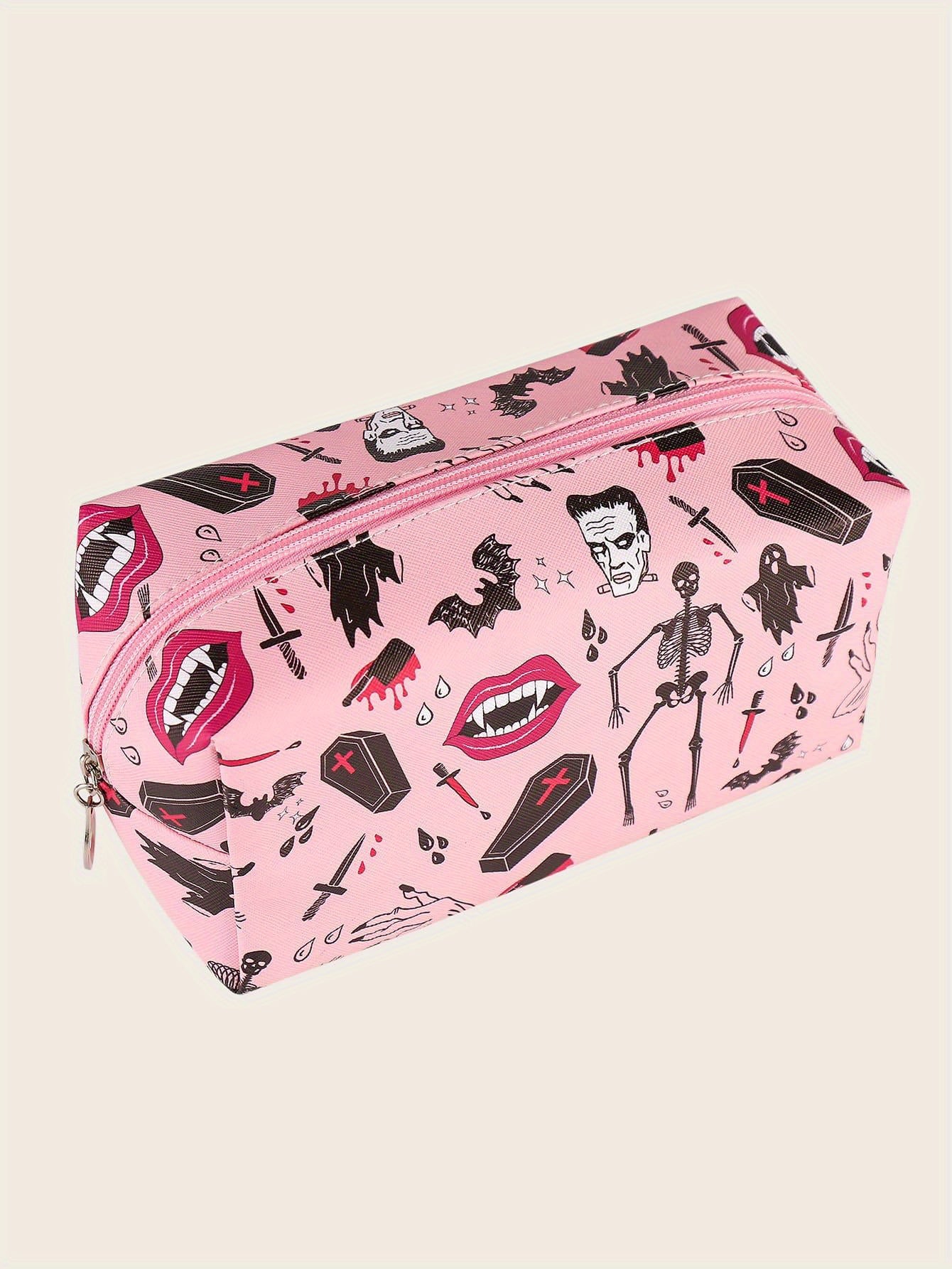 Halloween Skeleton Bat Pattern Makeup Bag Pink Roomy Square Zipper Pouch Travel Toiletries Organizer Gift For  ladies Women Men