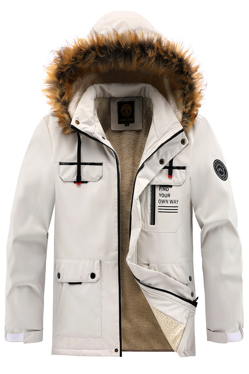 Men'S Winter Windbreaker Jacket with Lamb Fur Collar, Polyester 100% Windproof Zippered Sports Jacket, Alphabet Pattern, Regular Sleeve, Casual Outdoor Wear, H Fit, 150g/m² Fabric Weight