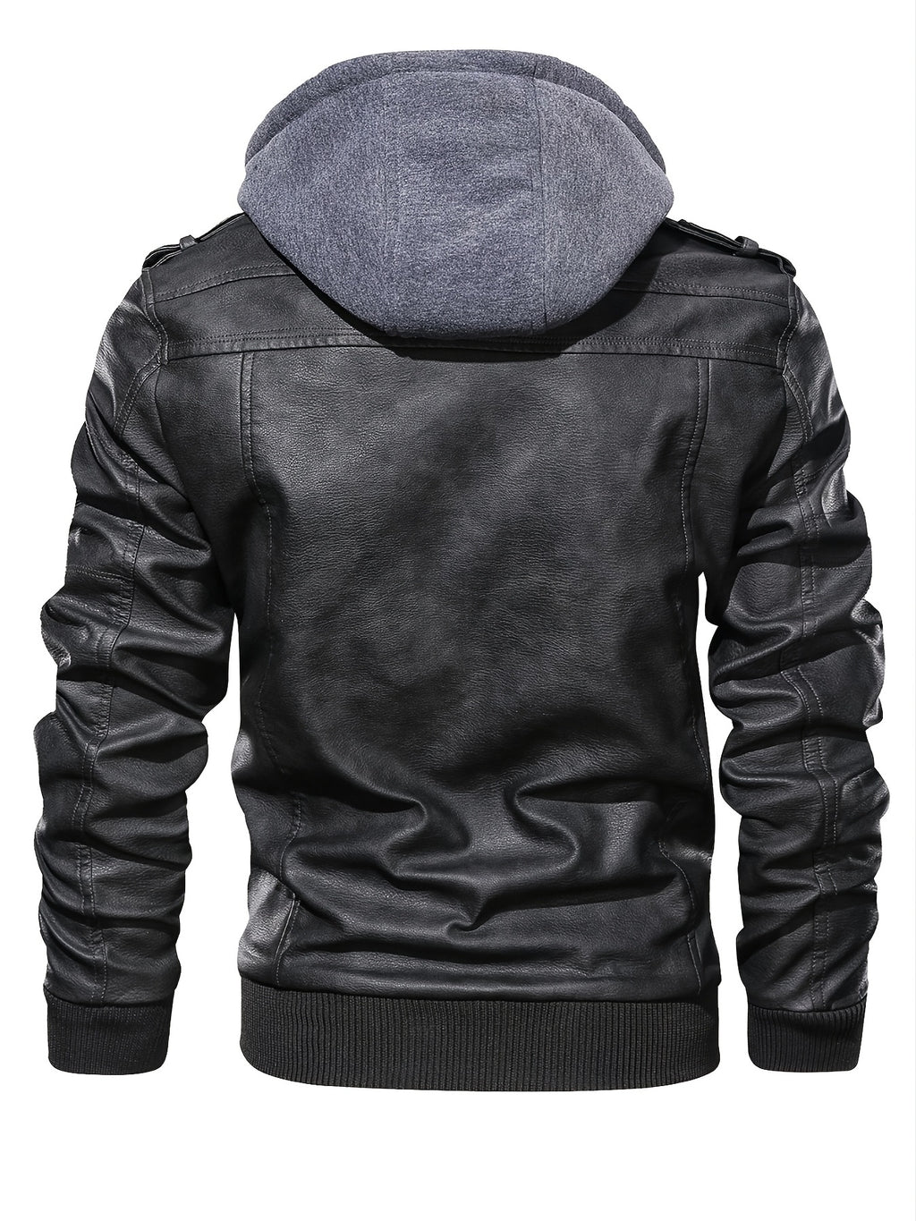Men's PU Leather Hooded Pockets Zipper Long Sleeves Jackets