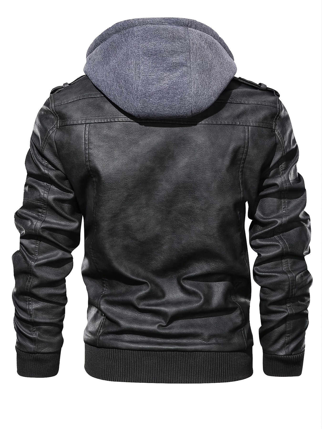 Men's PU Leather Hooded Pockets Zipper Long Sleeves Jackets