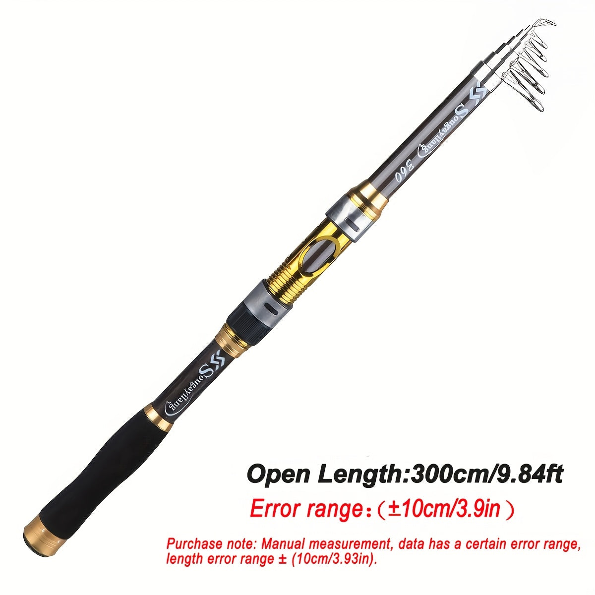 [Quality Construction] Sougayilang Ultralight Carbon Fiber Spinning Fishing Rod - Portable, Medium Action, 204.83-299.92cm Extendable Length, Black & Golden with Comfort Grip Handle - Ideal for All Anglers