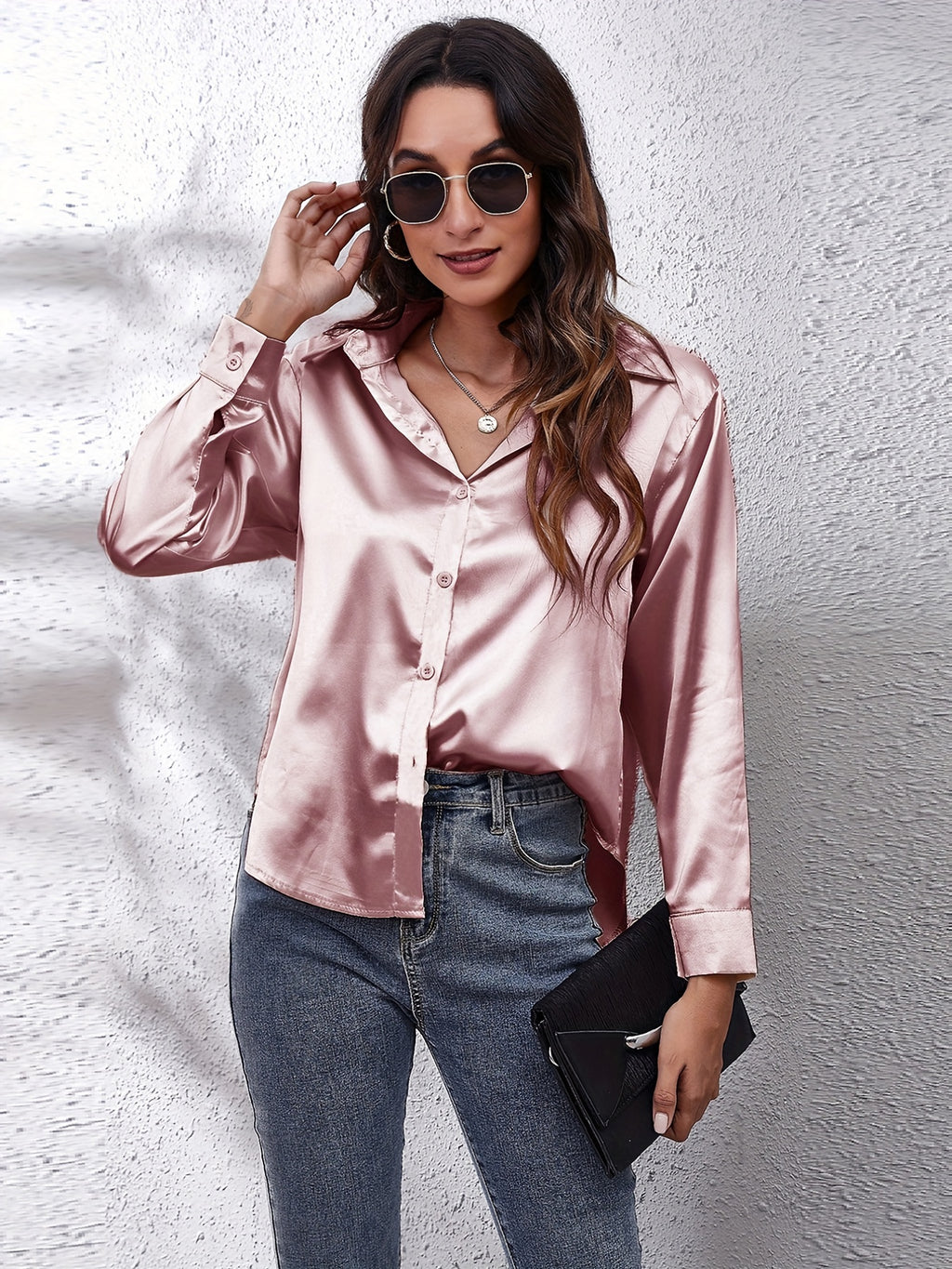 Solid Color Long Sleeve Button Down Tops, Business Casual Blouses For All Seasons, Women's Clothing