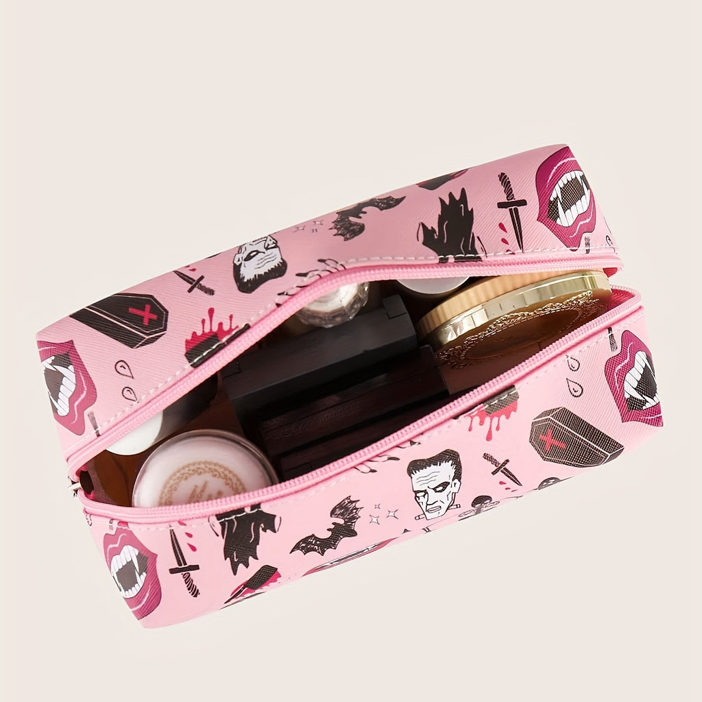 Halloween Skeleton Bat Pattern Makeup Bag Pink Roomy Square Zipper Pouch Travel Toiletries Organizer Gift For  ladies Women Men