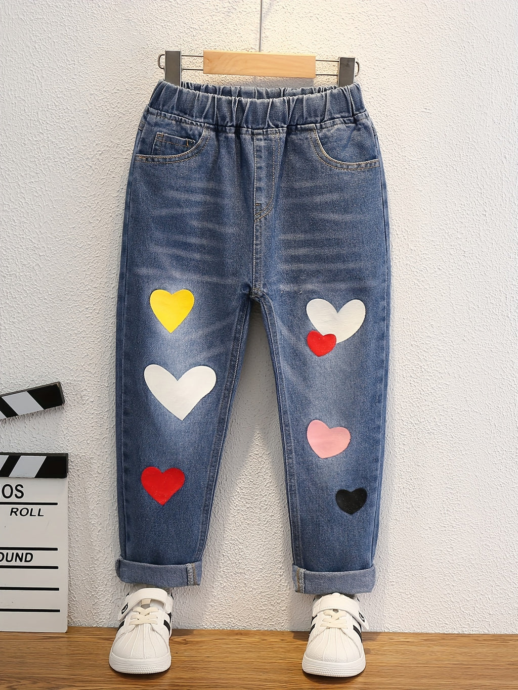Girls Ripped Tapered Jeans, Cartoon Pattern Elastic Waistband Denim Jeans Kids Clothes