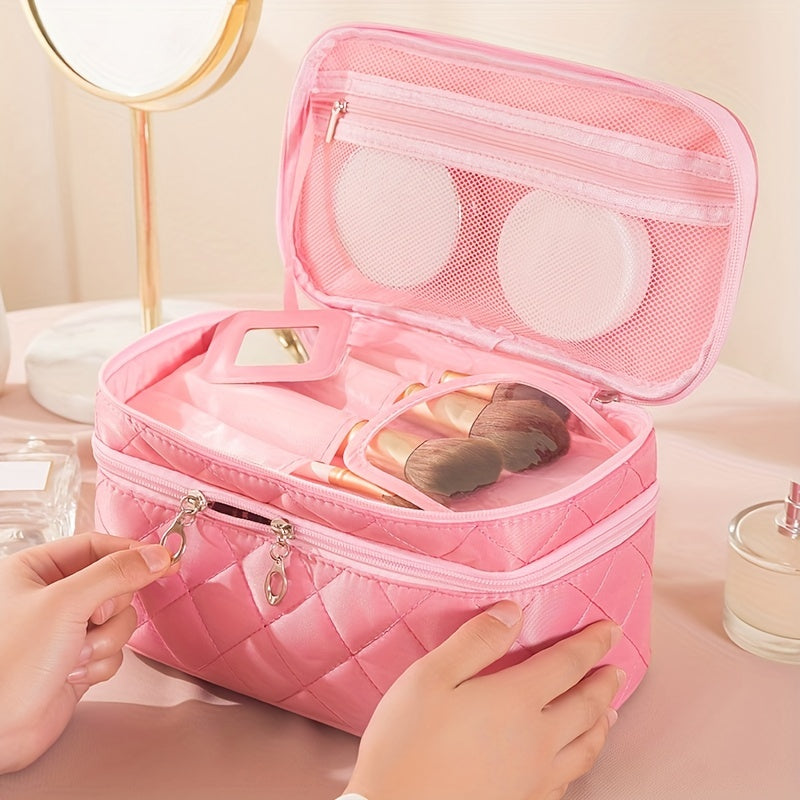 [Fashionable Makeup Bag] Double Layer Makeup Bag | Fashionable Nylon Quilted Pattern, Multi-functional Large Capacity Travel Storage Toiletry Bag