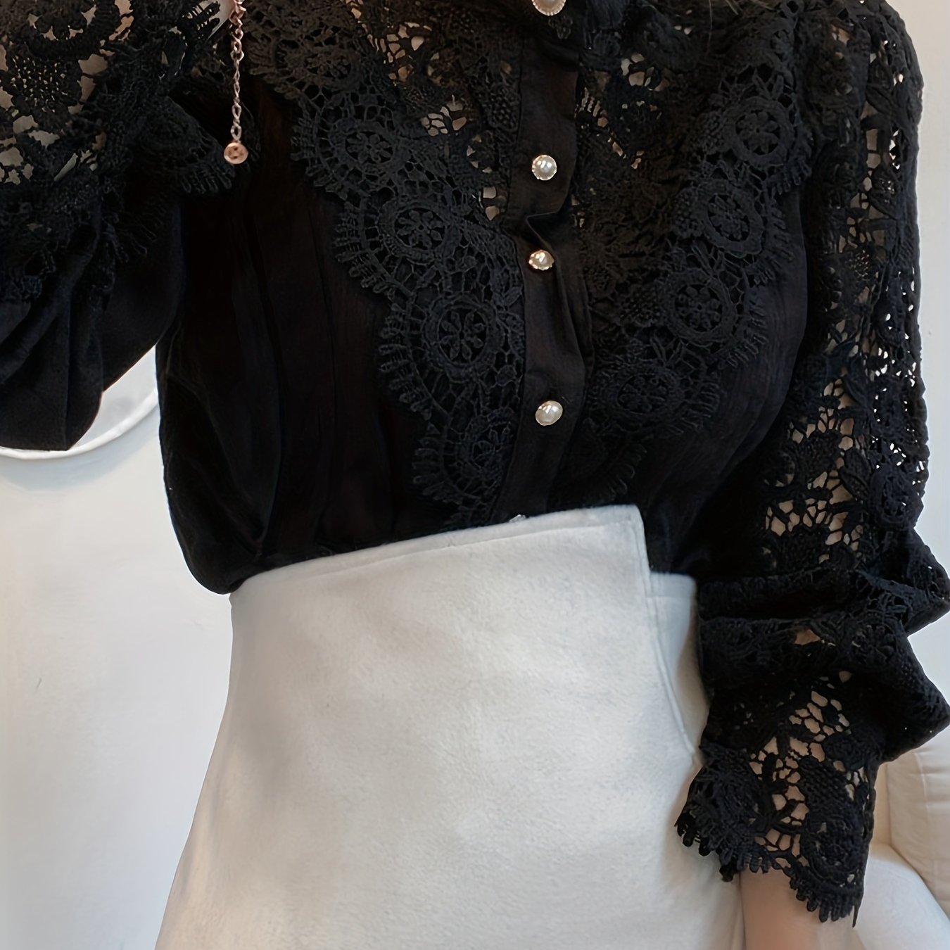 Women's Victorian Shirt - Elegant Blouse with Lace Sleeve cuffs, Vintage Button-Up Blouse for Wedding, Office, Party - Non-Stretch Formal Top (Hand Wash/Dry Clean) - Elegant Ladies Blouse, Wedding Guest Attire, Classic Collar