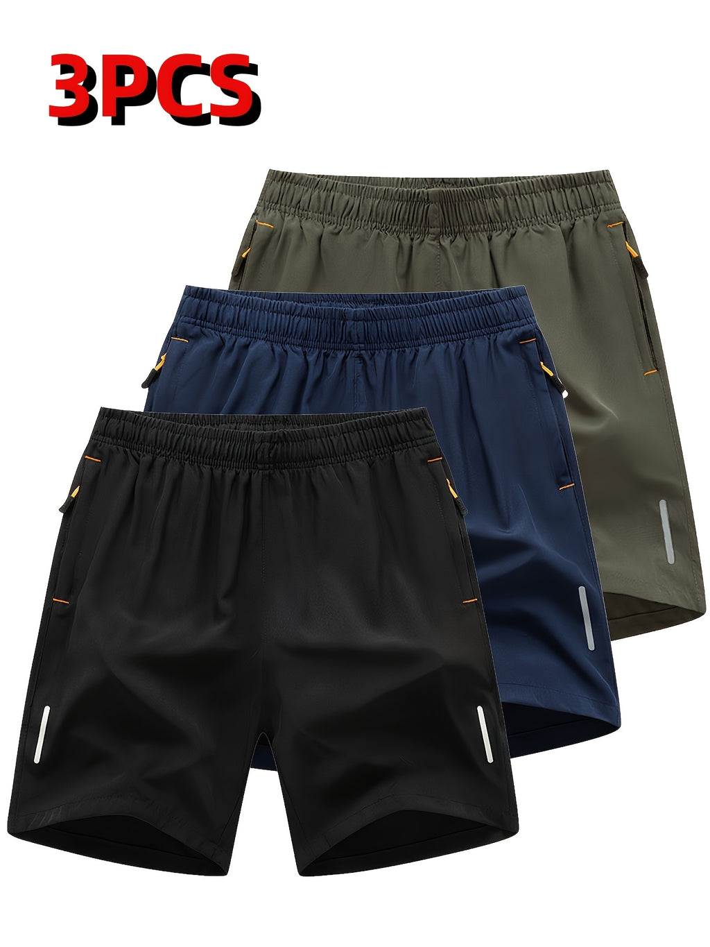 3pcs Reflective Men's Stripe Decor Sports Shorts, Elastic Waist Trendy Fitness for Summer Training