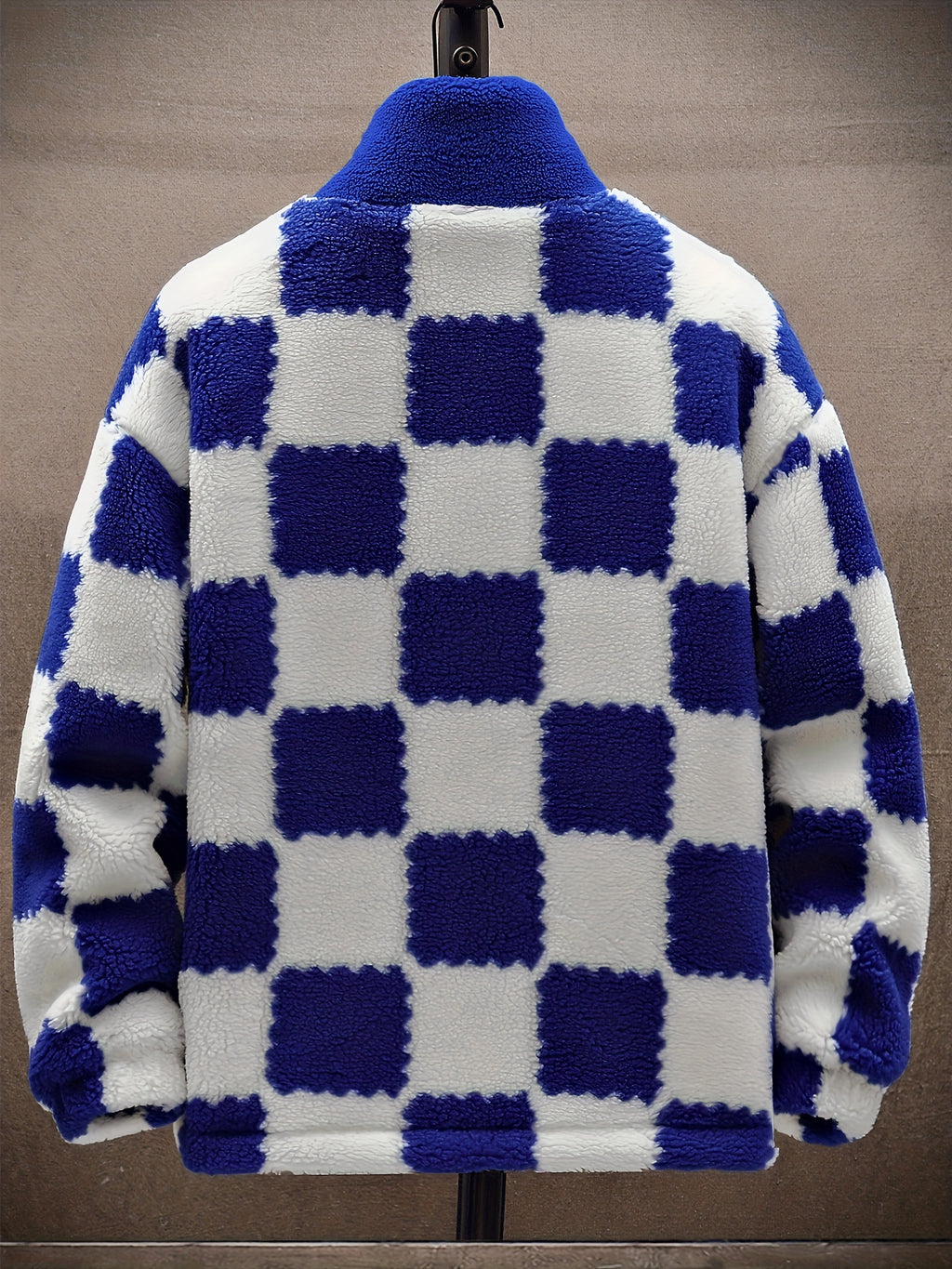 Men'S Plush Checkered Winter Coat - Blue & White, Loose Fit, Stand Collar, Zip-Up Jacket with Drawstring Hood, Casual Style for Fall/Winter, Winter Coat