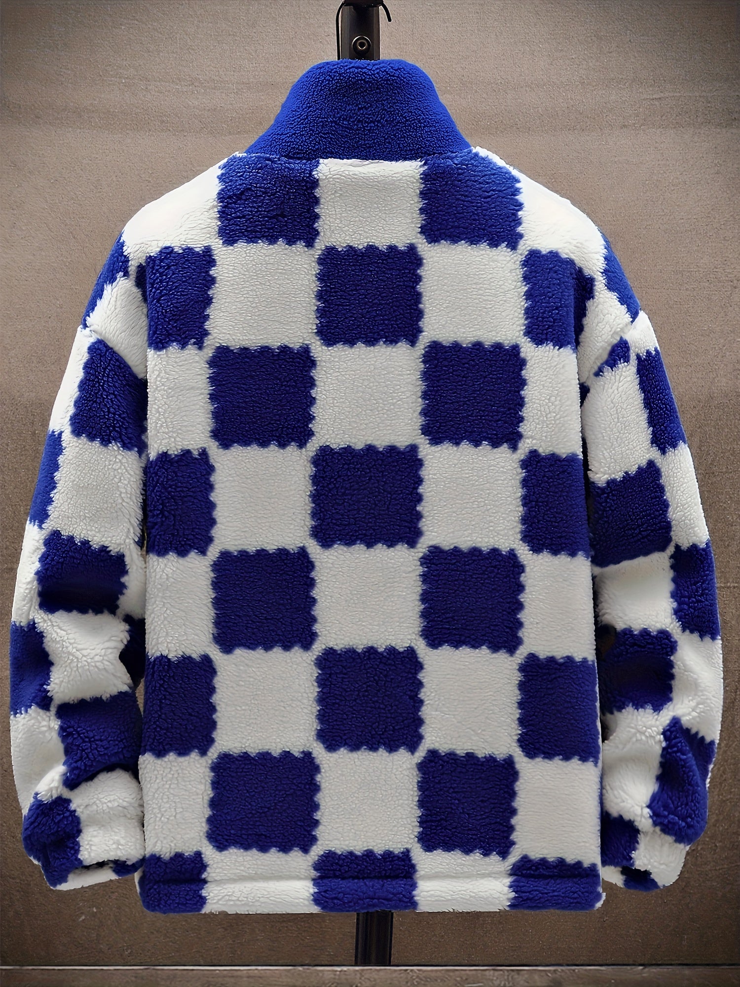 Men'S Plush Checkered Winter Coat - Blue & White, Loose Fit, Stand Collar, Zip-Up Jacket with Drawstring Hood, Casual Style for Fall/Winter, Winter Coat