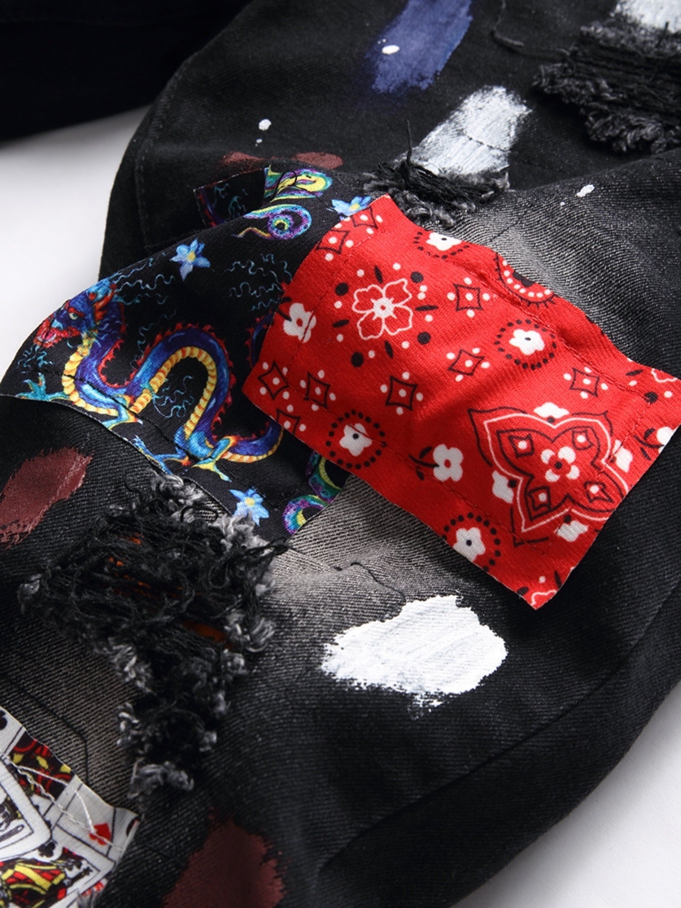 Men's Trendy Ripped Patchwork Jeans - Stretch Slim Fit with Vibrant Graffiti Art, Denim Material, Machine Washable, All-Season Style, Allseason Jeans|Distressed Denim|Comfortable Fit Jeans