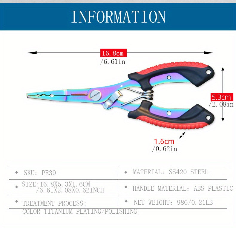 [Stainless Steel Fishing Pliers] Multi-Function Stainless Steel Fishing Pliers - Hooked Bent Nose - Color Titanium Open Ring Line Cutter - Lead Pressing Anti-Slip Handle