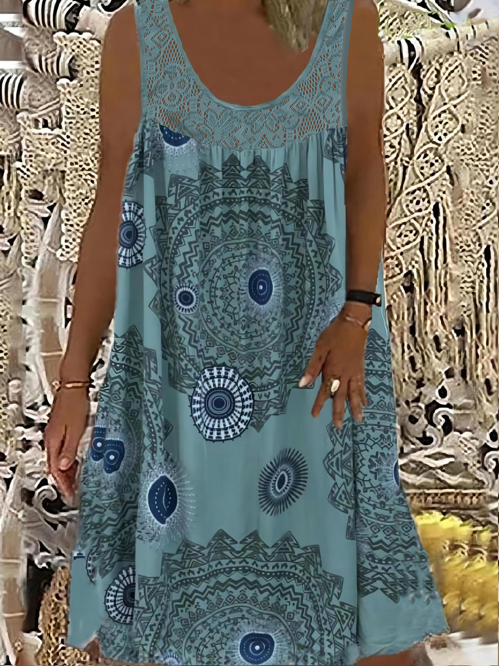 Women's Elegant Sleeveless A-Line Dress with Contrast Lace Hem & Geometric Print - Knee-Length Flared Skirt, Round Neck, Machine Washable, Plus Size Friendly for Casual & Semi-Formal Occasions, Lace Detailing, Comfortable Fit