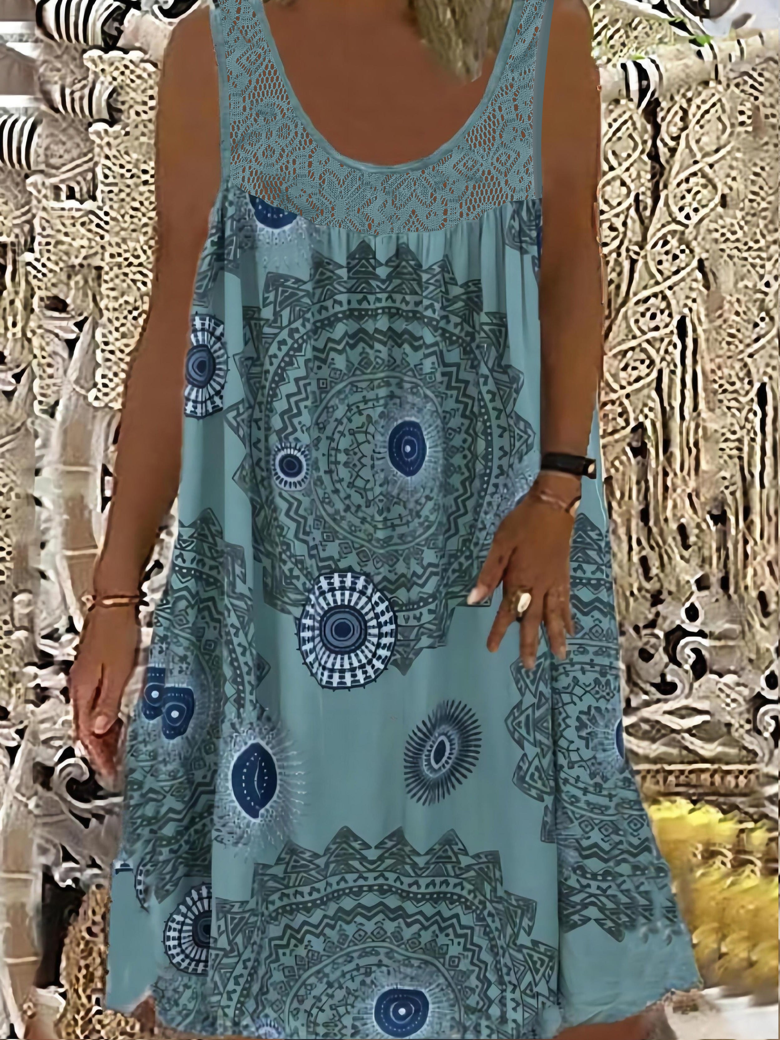 Women's Elegant Sleeveless A-Line Dress with Contrast Lace Hem & Geometric Print - Knee-Length Flared Skirt, Round Neck, Machine Washable, Plus Size Friendly for Casual & Semi-Formal Occasions, Lace Detailing, Comfortable Fit