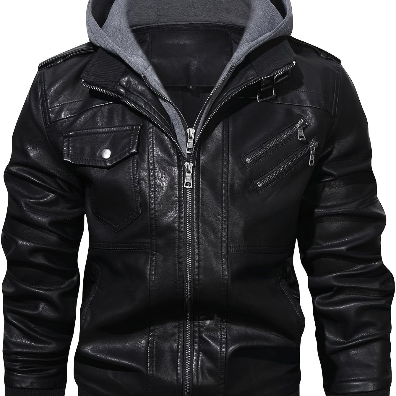 Men's PU Leather Hooded Pockets Zipper Long Sleeves Jackets