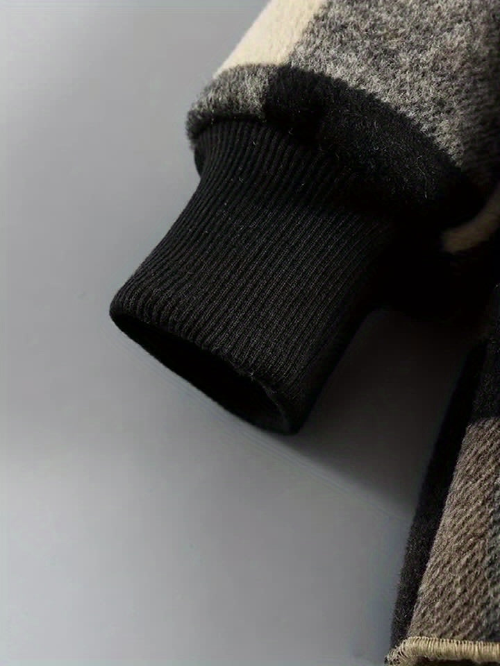 Boys' Long Sleeve Plaid Fleece-Lined Jacket with Button Front & Pockets - Cozy Fall/Winter Warmth, Casual Cardigan Collar, Brown/ Tartan Pattern, Machine Washable For Outdoor Play & Casual Attire, Winter Jacket For Boys, Fall