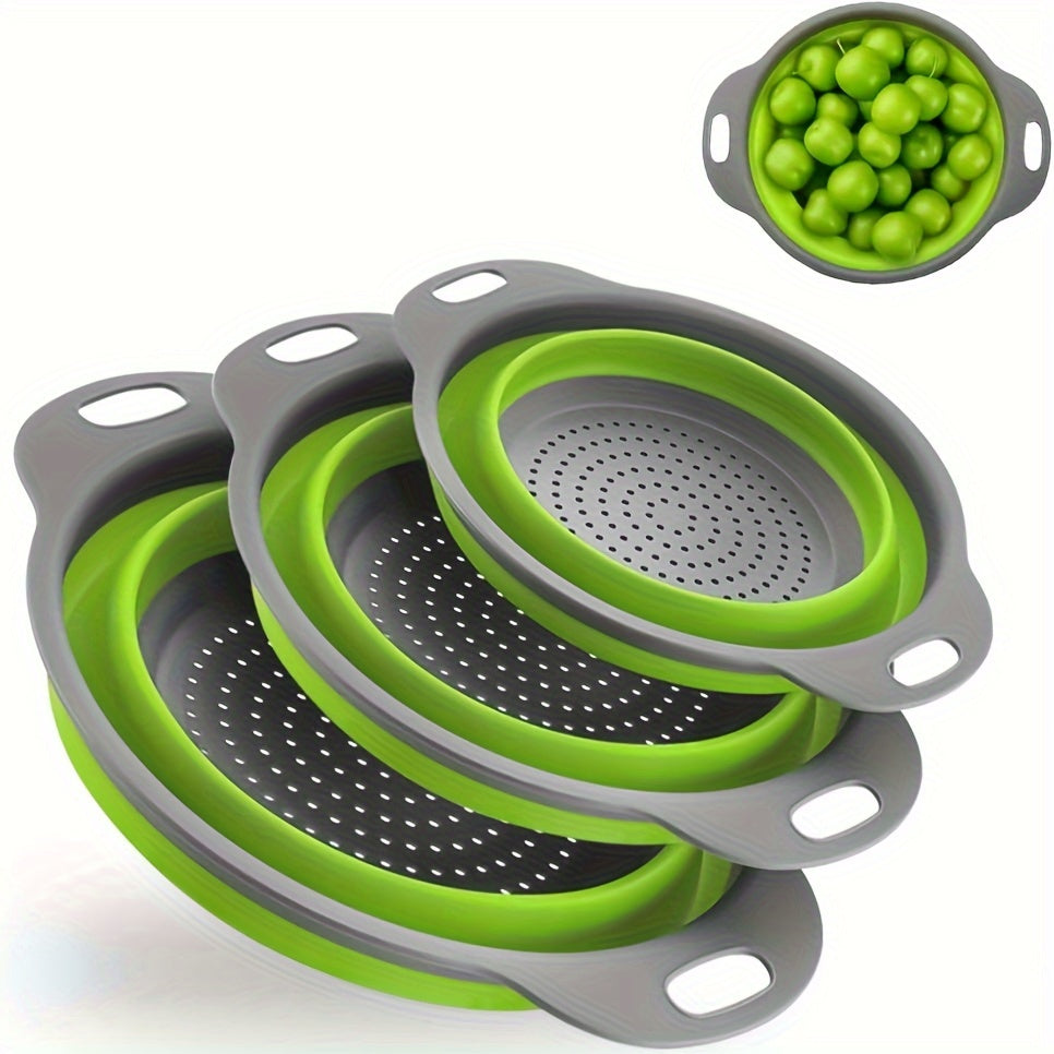 1/2 Set of Round Kitchen Draining Baskets, Foldable Funnel - Includes One Large And One Small, Perfect for Draining Pasta, Vegetables, And Fruits (Green, Red, Blue)