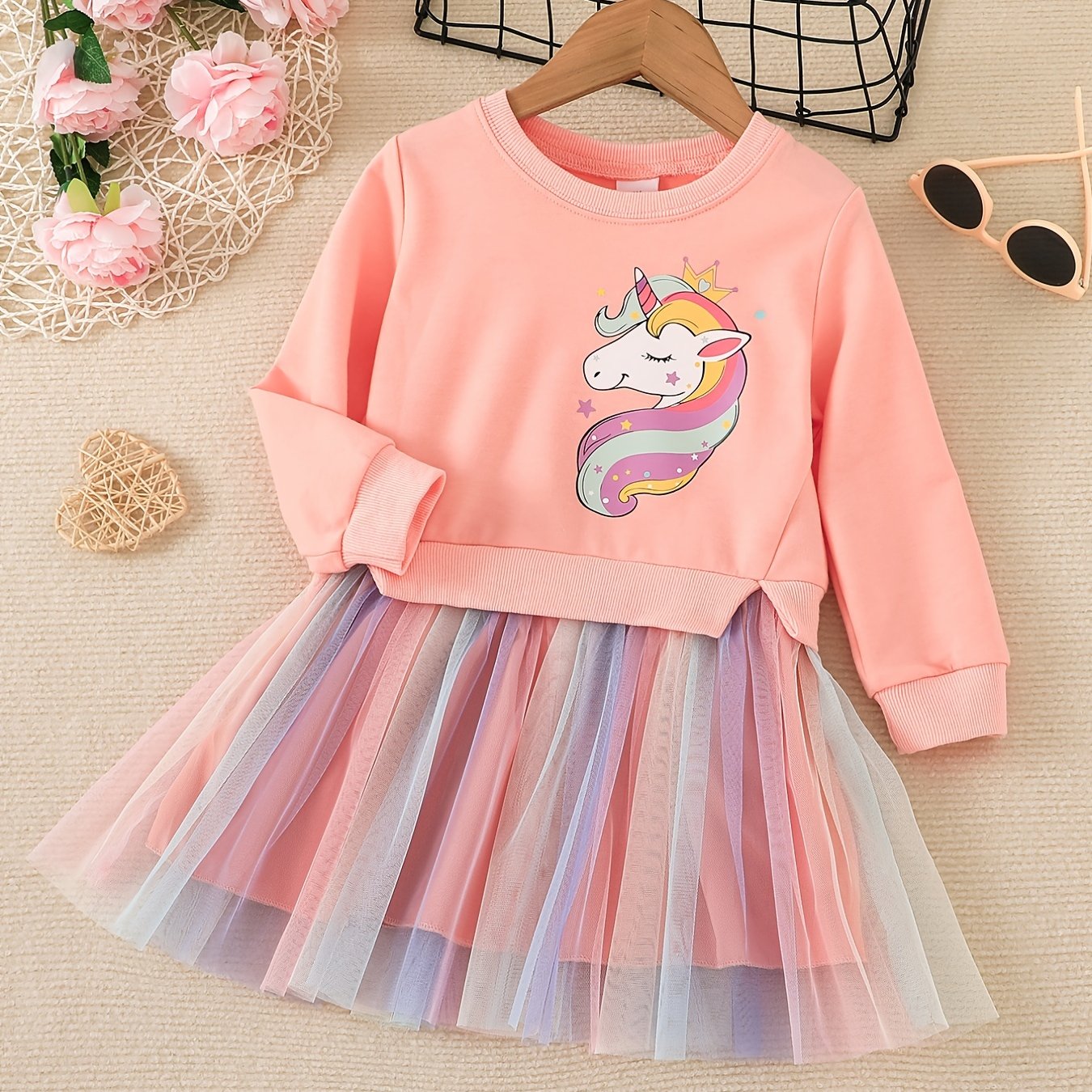 Toddler Girls Long Sleeve Cute Unicorn Graphic Color Block Mesh Spliced Princess Dress For Party Kids Clothes