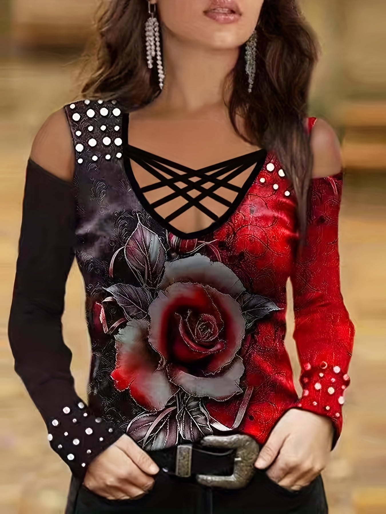 Women's Floral Print Color Block T-Shirt, Casual V-Neck Long Sleeve T-Shirt, Casual Every Day Tops, Women's Clothing