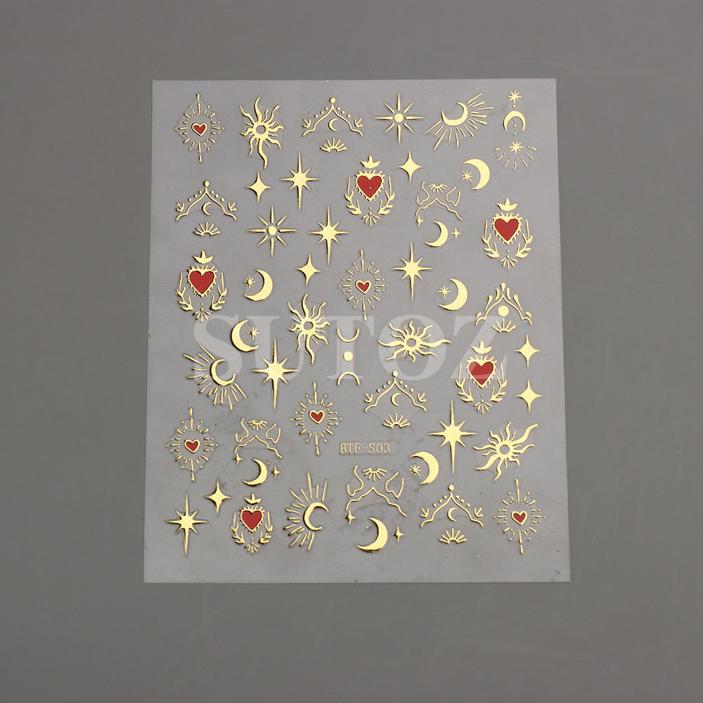 Golden Sun, Moon, and Star Nail Art Stickers - Self-Adhesive 3D Decals for French Nail Design and DIY Decoration