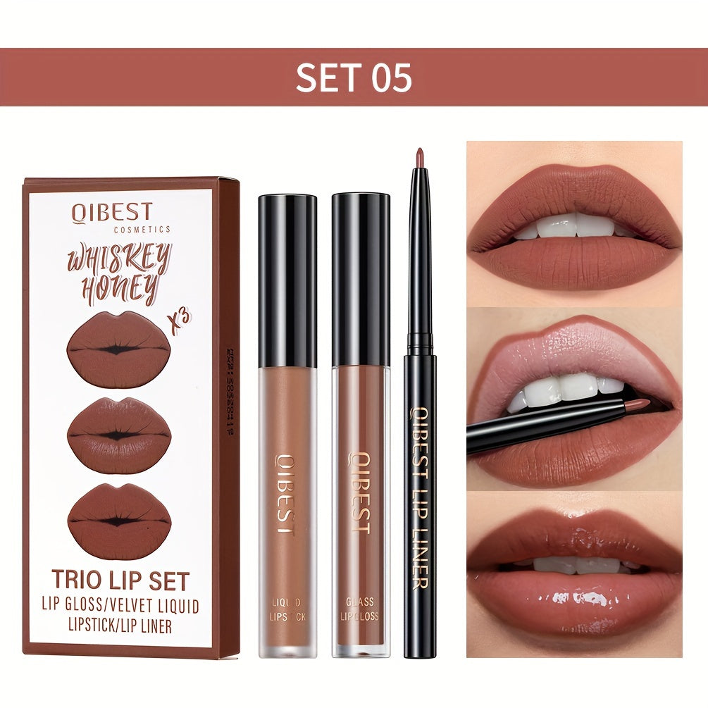 Lip Liner, Lipstick And Lip Gloss Trio Set, Matte Liquid Lipstick + Matching Lip Liner + Lip Gloss Nude Velvety Lipstick Makeup Kit Gift Set, Waterproof Long Lasting, Contains Plant Squalane Formula