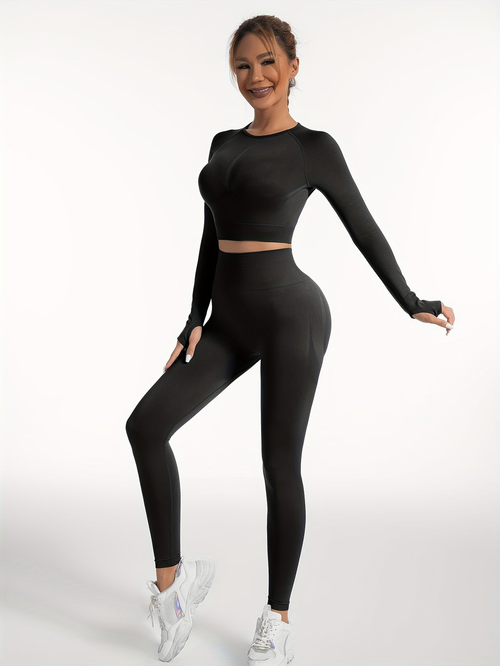 Women's Yoga Sports Suits, Seamless Stretchy Fitness Suits, Long Sleeve Thumb Hole Cropped Top & Slimming Leggings, Women's Activewear