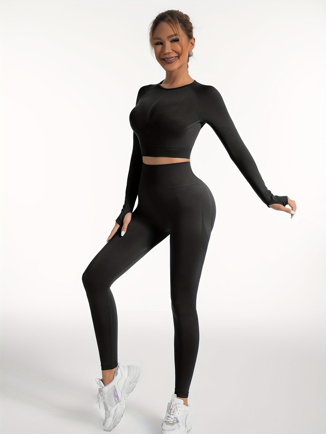 Women's Yoga Sports Suits, Seamless Stretchy Fitness Suits, Long Sleeve Thumb Hole Cropped Top & Slimming Leggings, Women's Activewear