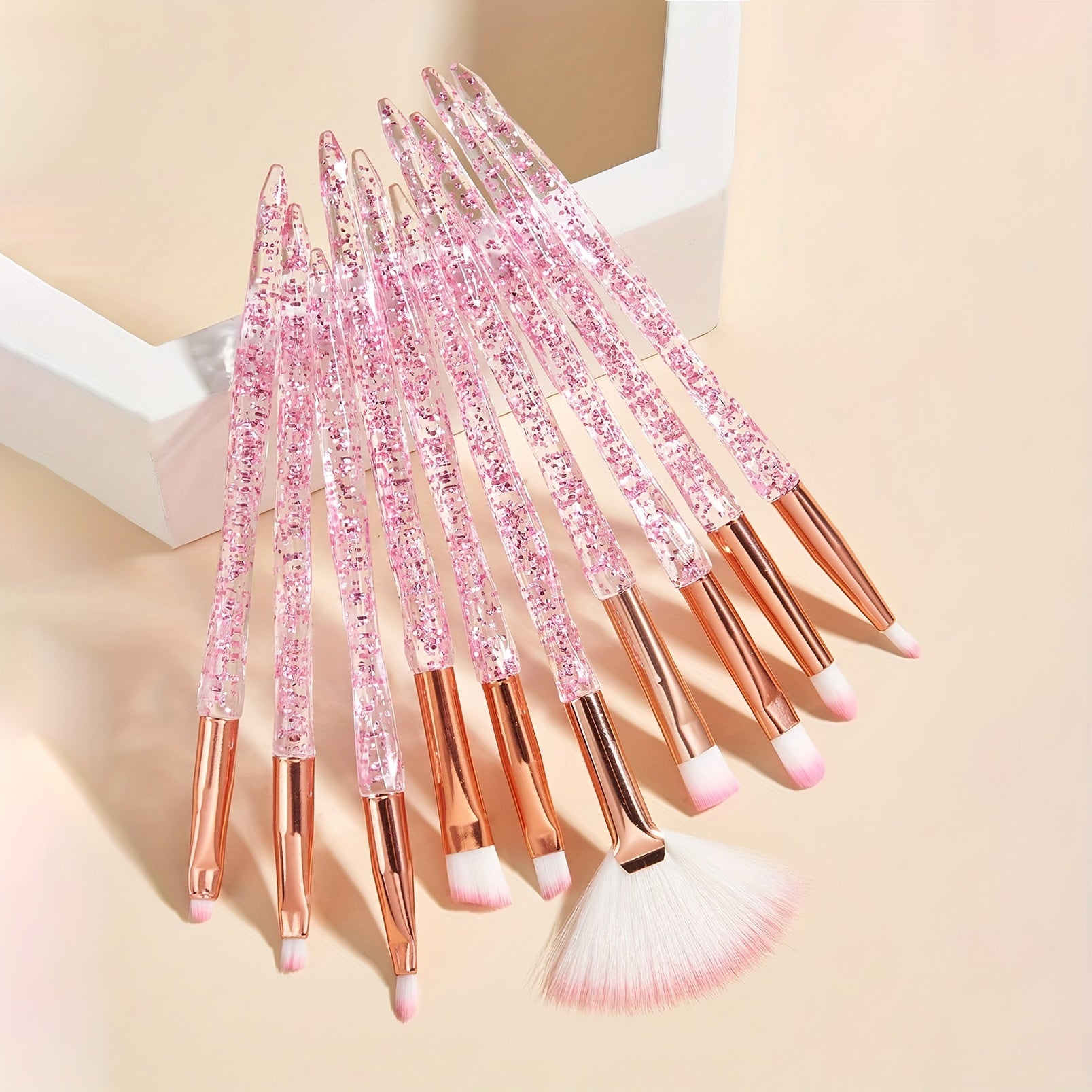 10pcs Baopinger Makeup Brush Set with Pink Glitter Crystal Handles - Soft Nylon Bristles for Flawless Foundation, Eyeshadow & Blending - Fragrance-Free, Perfect for All Skin Types