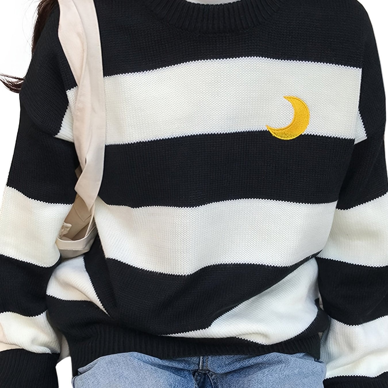 Kawaii Round Neck Striped Pullover Sweater, Casual Every Day Top For Winter & Fall, Women's Clothing