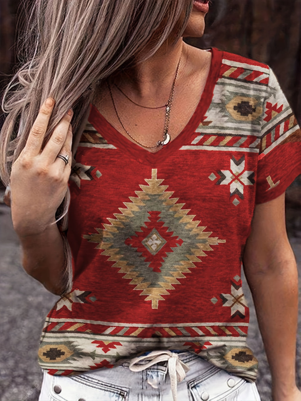 Western Geo Print V Neck T-Shirt, Casual Short Sleeve T-Shirt For Spring & Summer, Women's Clothing