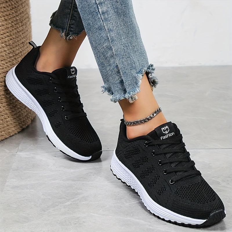 Women's Lightweight Mesh Athletic Sneakers - Breathable, Lace-Up Running Shoes with EVA Sole, Fashionable Black Casual Walking Footwear