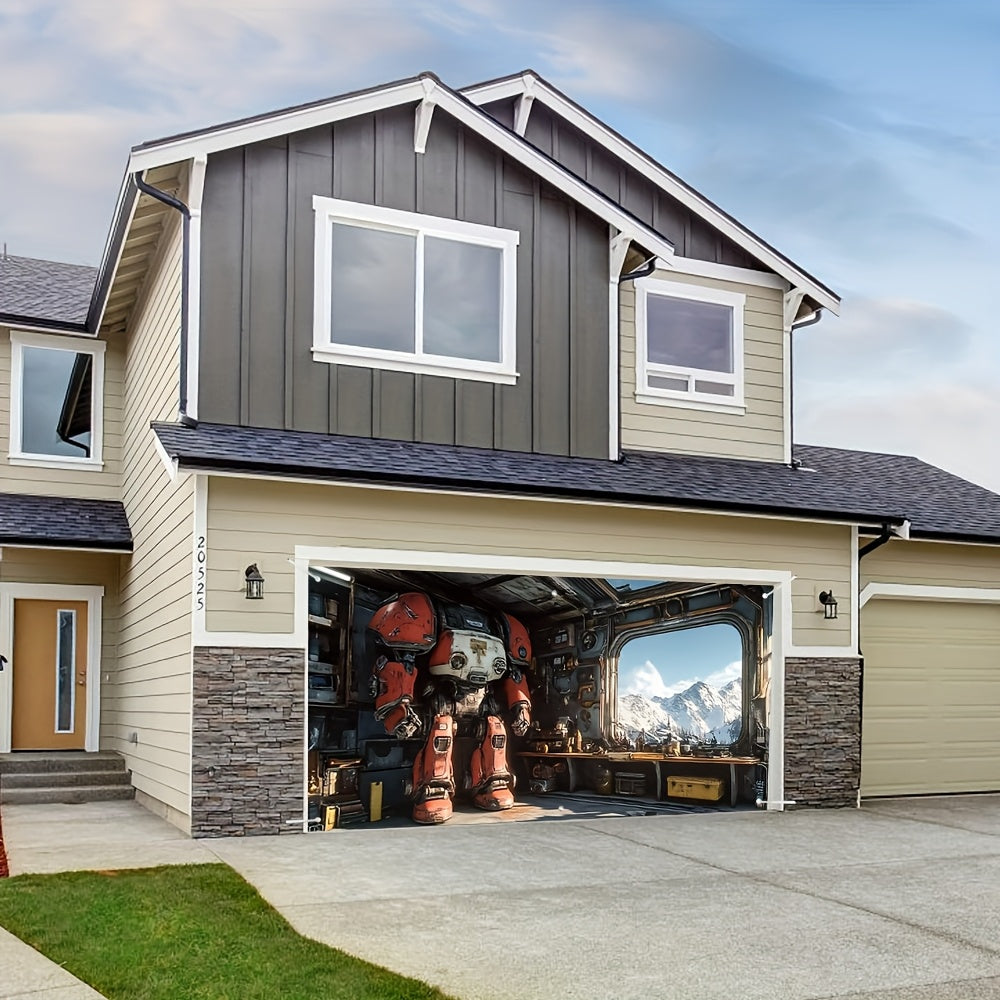 2D Door Banner, 1pc 2D Flat Printing Robot Mechanic Workshop Garage Door Mural Garage Door Banner Vibrant Outdoor Decoration, Large Fabric Cover, Easy Installation, Ideal for Weddings, Parties, and Special Events