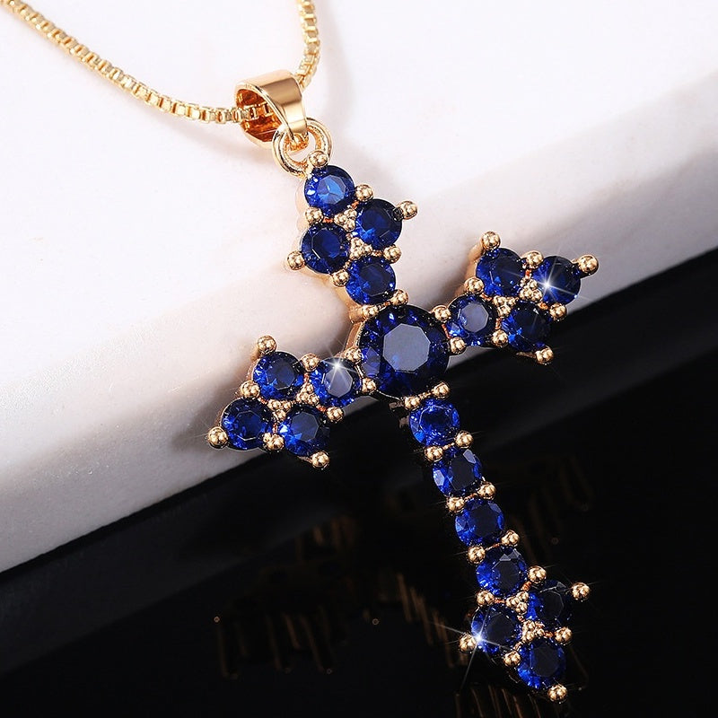 Dainty Cross Shape Pendant Necklace Inlaid Round Cut Shiny Zirconia Good Lucky Adjustable Clavicle Chain