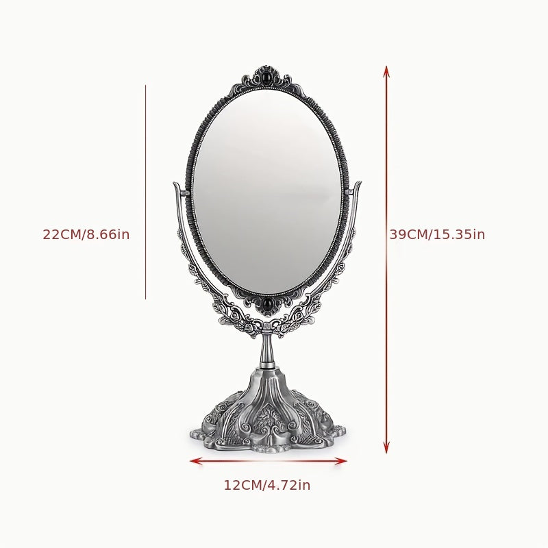 1pc Metal Desktop Antique Decorative Makeup Mirror, Vintage Rotating Double Sided Makeup Mirror With Frame, Tabletop Oval Vanity Mirror For Bathroom Bedroom